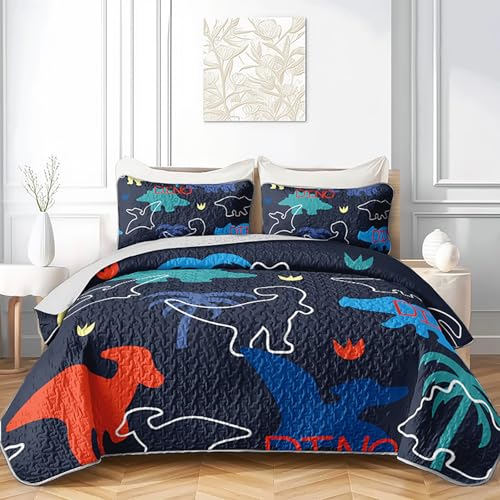 Axolotl Navy Blue Dino Quilt Set Twin,Cute Dinosaur Bedspread for Boys Girls Teens Kids Adults Room Decor,Cartoon Dinosaur Bed Coverlet,Soft Lightweight Bed Summer Coverlet(1 Quilt,2 Pillow Shams)