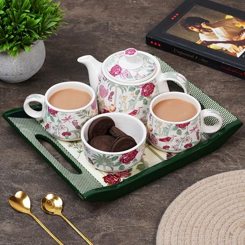 Image of CRAF10 Ceramic Handcrafted Blossom Breeze Small Tea Set - 1 Kettle (350 ML), 2 Cups (160 ML), 1 Bowl (for Sugar or Snacks), 1 Tray | Microwave & Dishwasher Safe | Teapot | Gifting Option