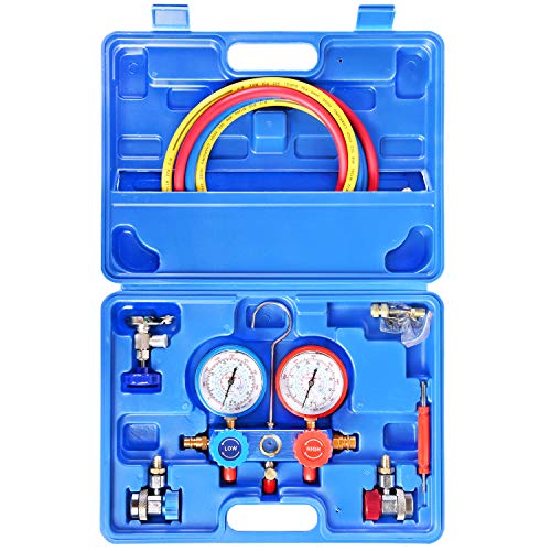 JIFETOR 3 Way AC Manifold Gauge Set, HVAC Diagnostic Freon Charging Tool for Auto Household R22 R134A R404A R410A Refrigerant, 5FT Hose Adjustable Quick Coupler Can Tap R410A Adapter (Blue Manifold)