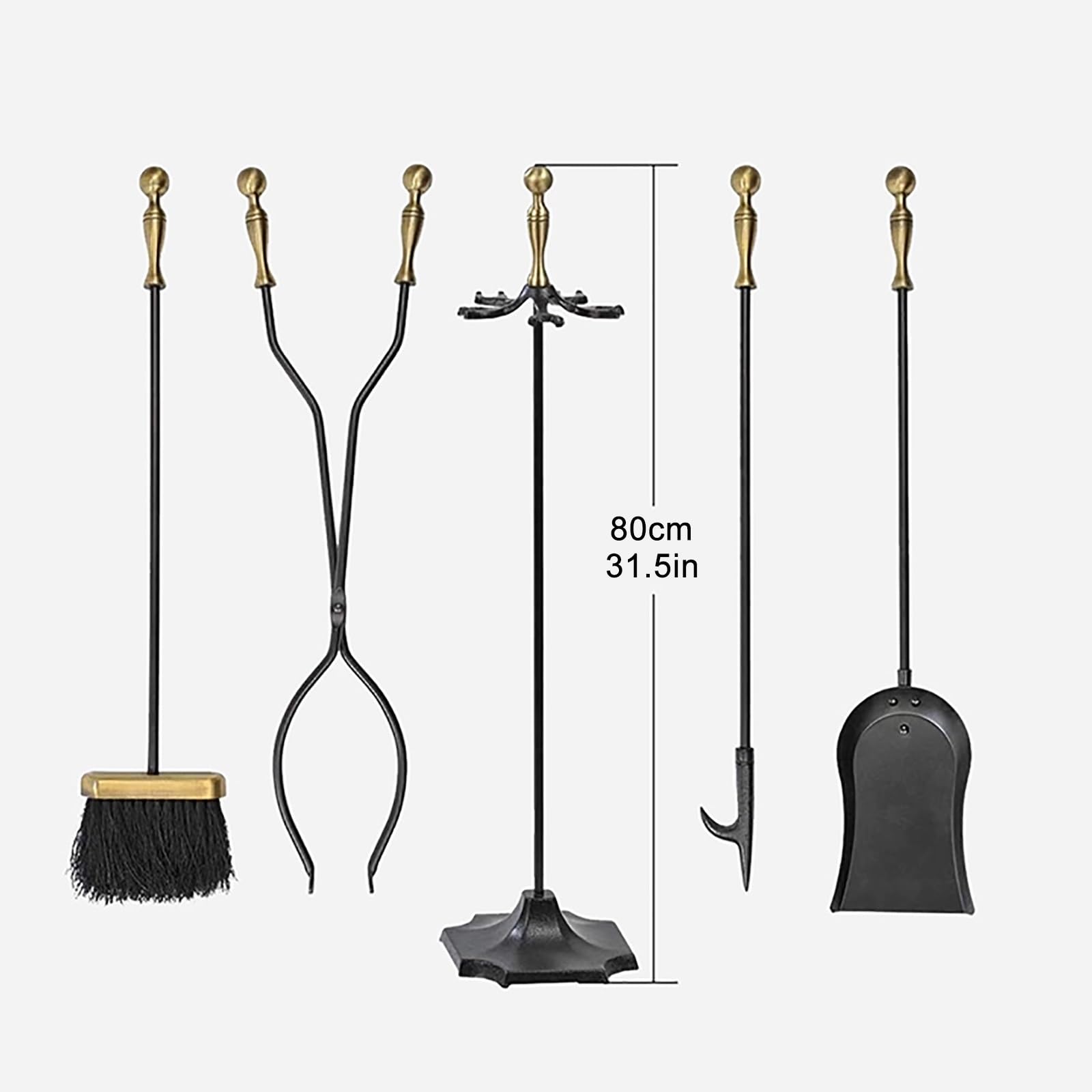 Set di 5 attrezzi per camino, manici in ottone e ferro battuto, accessori per camino, con supporto, pinze da attizzatoio, paletta, spazzola, per interni ed esterni