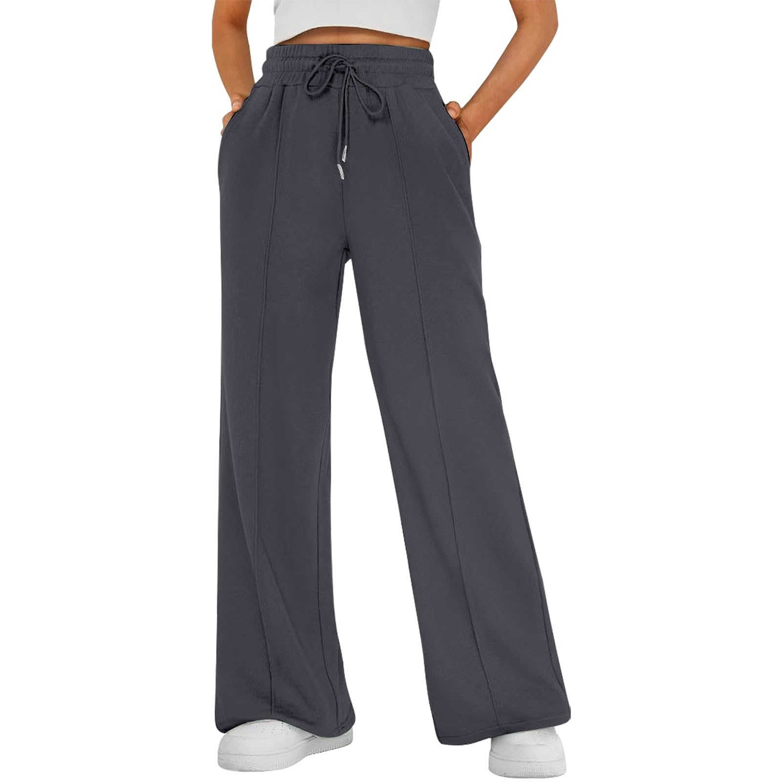 Damen Sommerhosen Leicht Weite Jogginghose Mit Taschen Und Kordelzug Freizeithose Mit Hohem Bund Dehnbare Stoffhose Mit Mittellinie Unifarbene Hose Lässige Trainingshose Für Damen