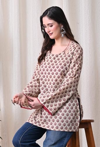 Image of MEERA FAB Women Cotton Printed A-Line Tunic Top with Square Neck | Floral Printed Halter Strap Detail & Bell Sleeves | Short Kurti for Women