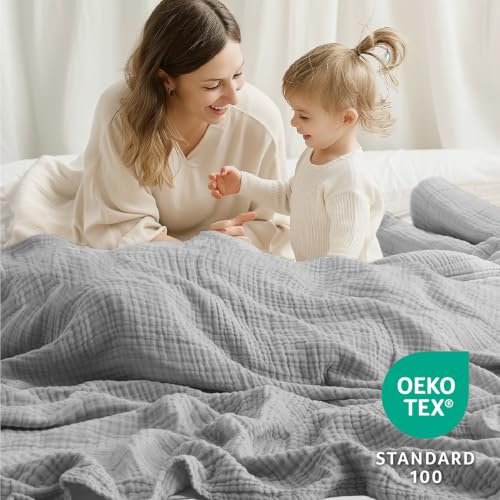 Image of 100% Cotton Muslin Blanket Queen 90 inch x 90 inch, Breathable and Lightweight Cotton Throw Blanket for Bed, Soft Cooling Summer Gauze Blanket for Adults All Season, Light Grey