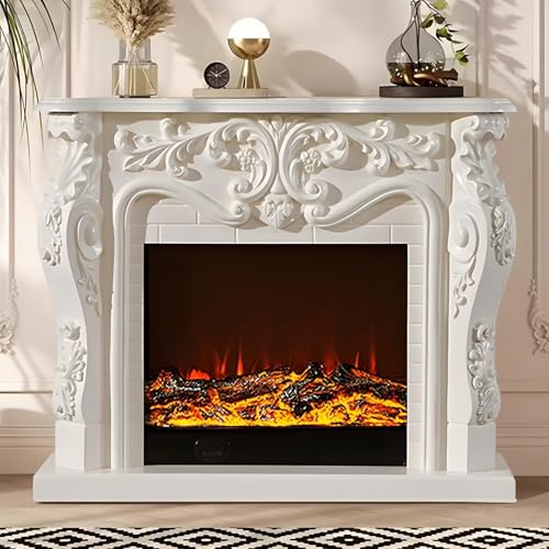 Image of Electric Fireplace with Mantel - Real Flame Effect Electric Fireplace Include European Style Carving,Freestanding TV Stand Includes Decorative Insert Firebox for Living Room (White,47.24'')