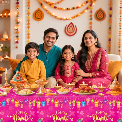Image of Miucat 3Pcs Diwali Decorations Tablecloth, Waterproof Plastic Table Cover Diwali Table Cloth for Indian Diwali Light Celebration Party Supplies Decorations, 54x108 Inch