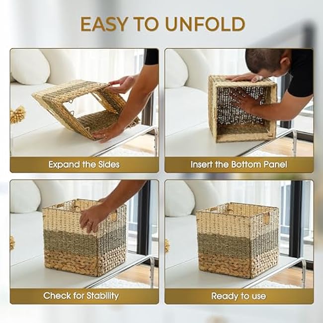 Wicker Storage Basket Set of 4-12x12x12 Inches, Heavy Duty Woven Cubes for Organizing, Foldable Storage Baskets, Natural Square Shelf Inserts