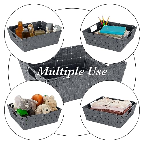 Image of Simplify Large Shelf Woven Strap Tote | Decorative Storage Basket | Built in Handles | Organization | Closet | Bedroom | Bathroom | Nursery | Accessories | Toys | Gifts | 4 Pack | Grey