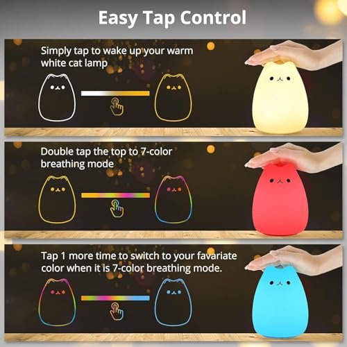 Image of Desidiya Cute Kitty Night Light for Kids, Rechargeable Silicone LED Lamp with Warm White & 7-Color Modes | Tap Control | Soft BPA-Free | Gift for Girls | Baby Toddler Bedroom Decor