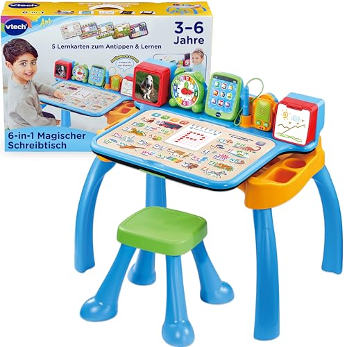 Vtech 6-in-1 Magischer Schreibtisch – Interaktiver Kinderschreibtisch inkl. Hocker – Mit interaktivem Tablet, Musikstation, LED-Schreibfeld, Kreidetafel und Kreativstation – Für Kinder von 3-6 Jahren