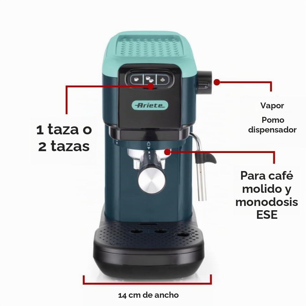 Ariete 1399 Máquina de café espresso, para polvo y almohadillas ESE, 1300 W, capacidad de 1,1 l, presión de 15 bar, filtro 1, 2 tazas y almohadillas ESE, capuchino