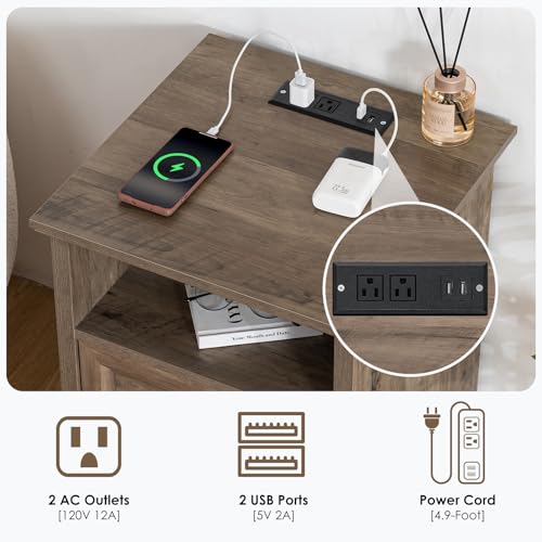 HOMMPA Farmhouse Nightstand w/Charging Station, Open Shelf 23.6''H Greige - image 3
