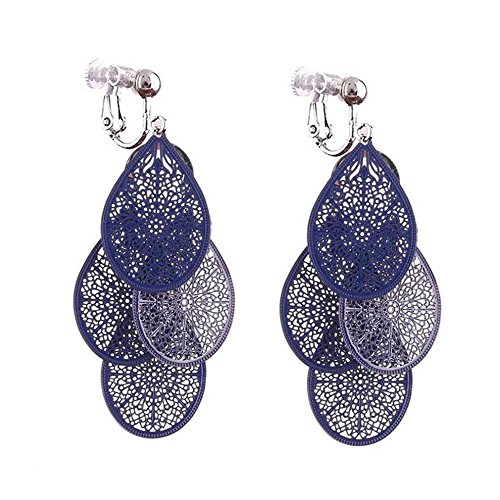 Grace Jun New Handmade Multi-layer Clover Water Drop Shape Clip on Earrings No Pierced for Women (Blue clip on)