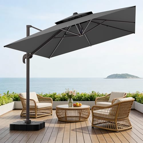 UMBFUN Sonnenschirm 270 x 365 cm mit Fußpedal und Kreuzsockel Groß Ampelschirm Kurbel Doppeldach Quadratisch Gartenschirm mit 360 Drehbar für Terrasse Pool Outdoor Balkon Sonnenschutz Grau