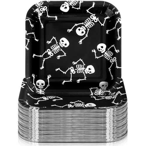 Havawish 100 Pcs 7 Inch Halloween Paper Plates Black Disposable Dessert Plates Skeleton Spider Web Square Halloween Decorative Dinner Plates for Birthday Party Supplies(Skeleton)