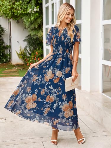 Image of Simplee Womens Casual Floral Summer Maxi Dress 2026 Boho Flowy Short Sleeve Crew Neck Vacation Smocked Chiffon Dresses