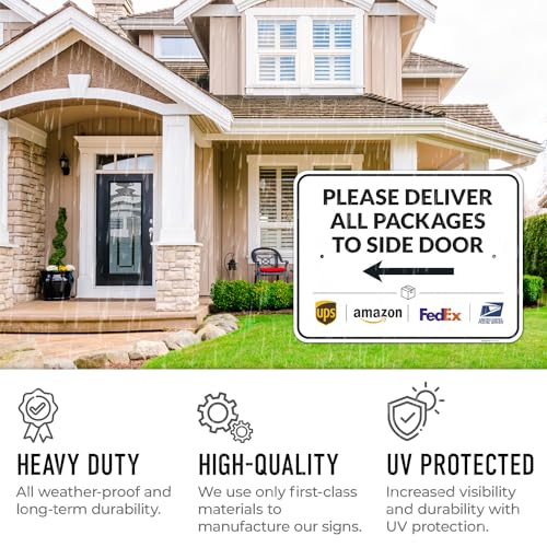 Image of Package Delivery Sign, Delivery Instructions Deliver All Package to Side Door Left Arrow Sign, 18x24 Inches, Rust Free .063 Aluminum, Fade Resistant, Made in USA by Sigo Signs
