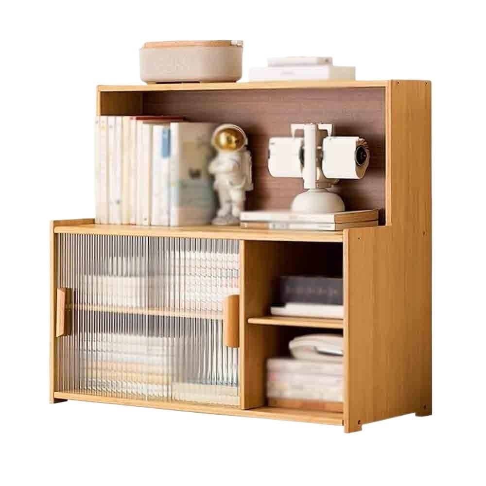 AYCDL Bookcase Desktop Bookshelf with Plastic Cabinet Door, Multi Tier Bamboo Storage Shelf, for Home Study or Office Display Rack Display Shelf