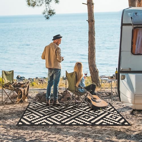 Image of GENIMO Outdoor Rug 3'x5' Waterproof for Porch, Plastic Door Mat Black Beige