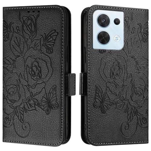 Étui Oppo Reno 8 5G avec coque à rabat et portefeuille en cuir PU noir à dragonne