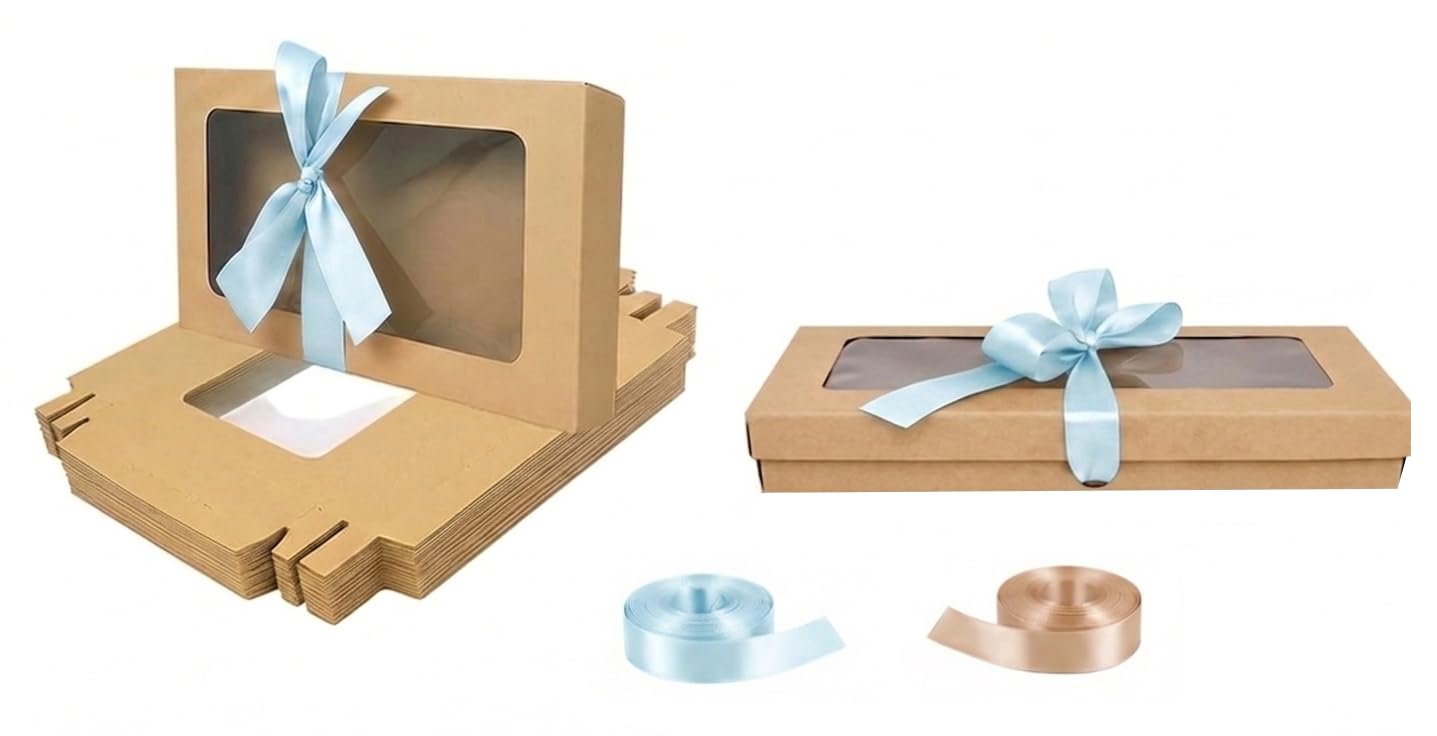 Emartbuy Pack of 12 Brown Gift Boxes with Clear Window Lid & Light Blue Satin Ribbon - Small Slim 21 x 12.5 x 2.5 cm - Recyclable Kraft Presentation Box for Hampers, Treats, Weddings & Favours — image 1