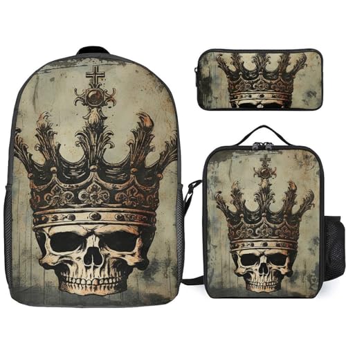 3 Piece Backpack for Women Men Lightweight Causal Daypack Shoulder Bag Set with Insulated Lunch Bag And Pencil Case Organizers Elegant Skull Crown