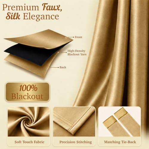 Image of 100% Blackout Window Curtains, 5 Feet, Solid Design, Faux Silk, Thermal Insulated, Noise Reducing Eyelet Door Curtain with Tie Back for Living Room & Bedroom, 115x150cm, Pack of 2 - Gold