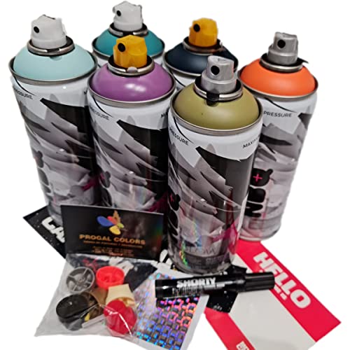 PROGAL COLORS PACK PARTY NBQ (6 x 400ml NBQ + Rotulador Montana Cans + 6x Boquillas de repuesto + Pegatinas)ACABADO MATE DE FACIL APLICACION MURALISMO DYV DECORACION RESTAURACION GRAFFITI Cover