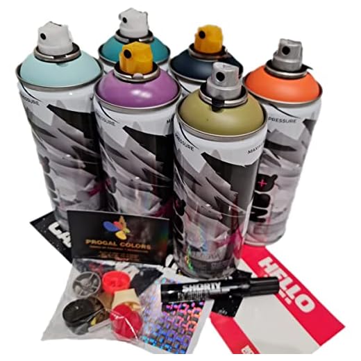 PROGAL COLORS PACK PARTY NBQ (6 x 400ml NBQ + Rotulador Montana Cans + 6x Boquillas de repuesto + Pegatinas) ACABADO MATE DE FACIL APLICACION MURALISMO DYV DECORACION RESTAURACION GRAFFITI