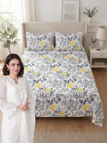 Image of Mafatlal 144 TC Double Bed Sheet Pure Cotton, Floral Printed Cotton bedsheet for Double Bed, 90x100 inches Size Full Bed Sheet with Pillow Cover|Soft Grey