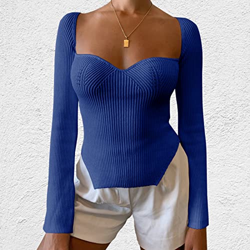 Image of Women's Square Neck Ribbed Knitted Sweater Long Sleeve Crop Slim Fitted Basic Pullover Tops