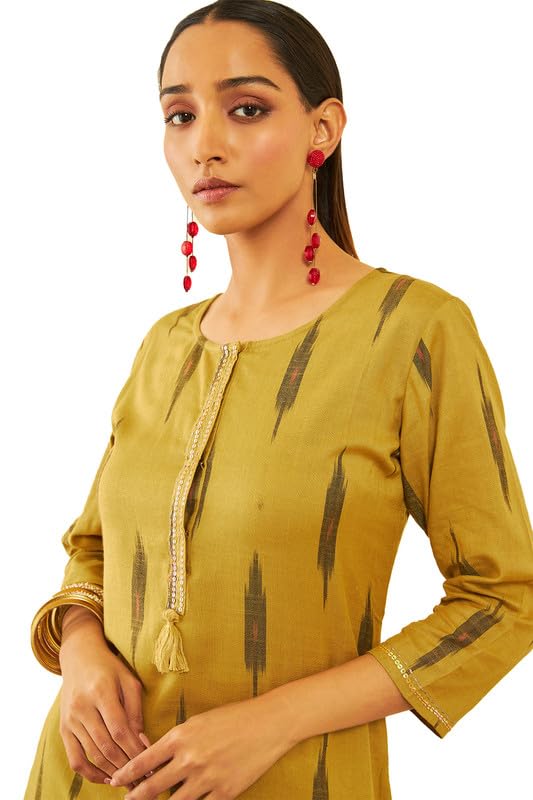 Image of Soch Womens Cotton Ikat Printed Straight Kurta with Sequins