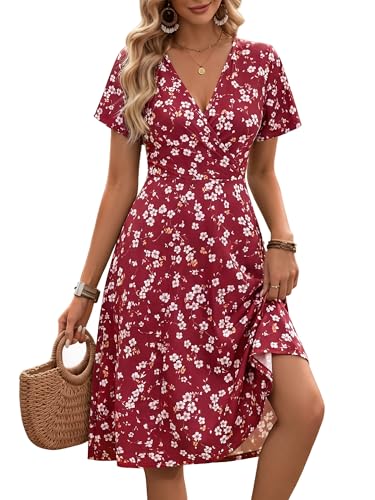 Loemes Flattering Dresses to Hide Tummy Wrap V Neck Sun Dress Floral Summer Empire Waist Midi...