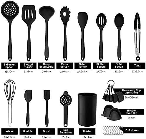 Herogo Silicone Kitchen Utensil Set, 30 Piece Cooking Utensils with Holder, Heat Resistant Kitchen Tools Set for Non-Stick Cookware Pans, Turner Spatula Whisk Tong 10 Hooks, Dishwasher Safe - Black