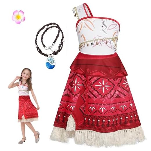 Jeroesja Vaiana - Disfraz infantil con collar y pinzas para el pelo, vestido de princesa para carnaval, Halloween y fiestas temáticas, talla 2-12 años