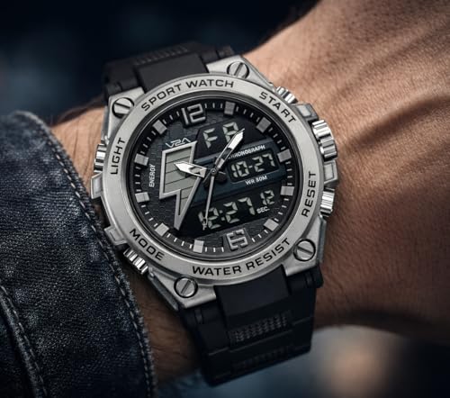 Image of V2A Stryke 45mm Analog Digital Sports Watch for Men | Hybrid Layered Dial | Alarm Stopwatch Backlight Day Date | TPU Strap | 30M Water Resistant | Gift for Mens