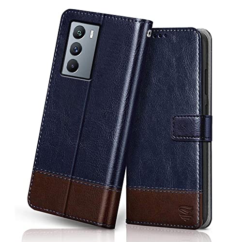 Image of FLIPPED Vegan Leather Flip Case Back Cover for iQOO 9 SE 5G (Flexible, Shock Proof | Hand Stitched Leather Finish | Card Pockets Wallet & Stand | Blue with Brown)