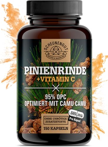 Pinienrindenextrakt -475mg OPC je Kapsel- WICHTIG: 25:1 Extrakt (= 14.500mg Franz. Meereskiefer je Dosis) + Vitamin C als Bioenhancer I 150 Kapseln mit 95% OPC I Laborgeprüft I aus DE I SCHEUNENGUT®