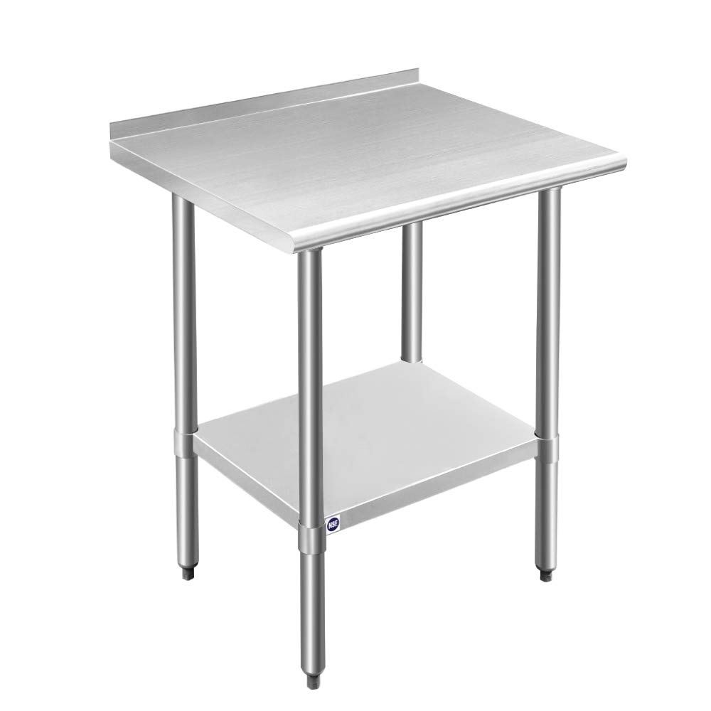 ROCKPOINT Stainless Steel Table for Prep & Work with Backsplash 24x30 Inches, NSF Metal Commercial Kitchen Heavy Duty Table with Adjustable Under Shelf and Table Foot for Restaurant, Home and Hotel