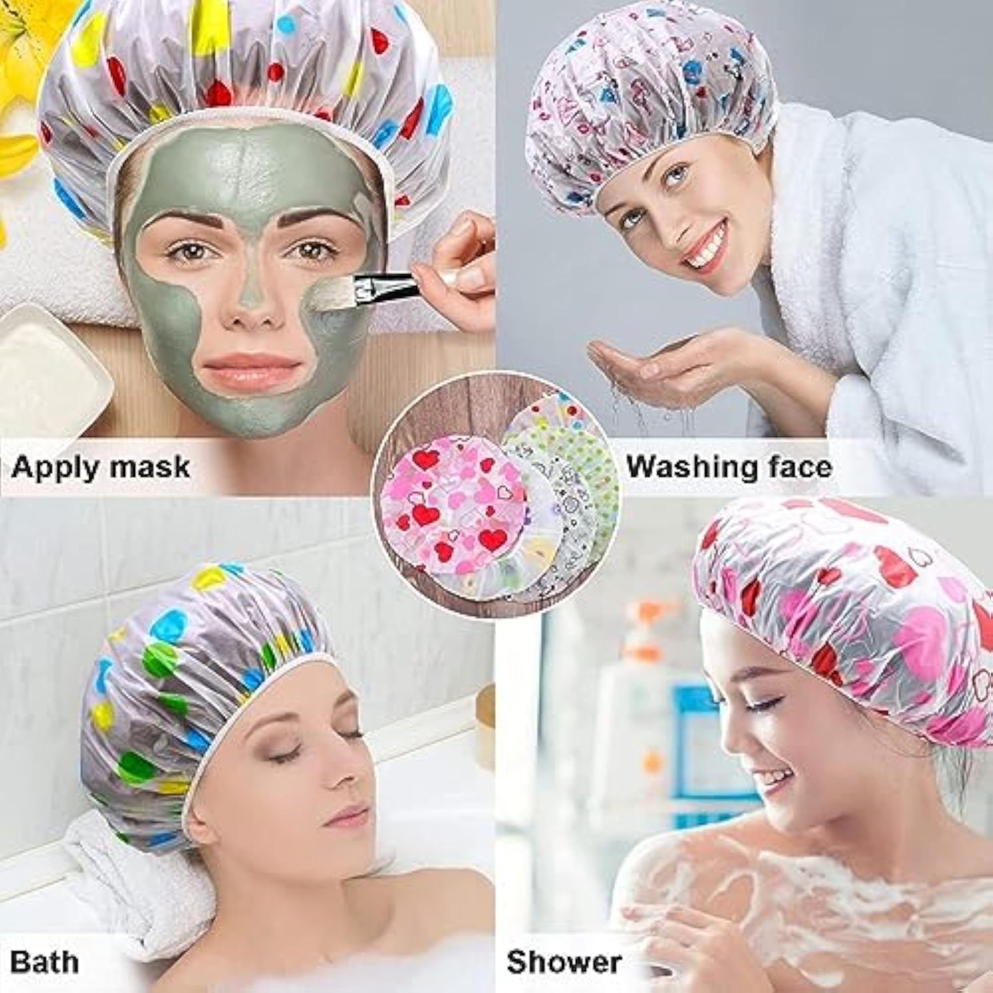 Set of 3 Reusable Printed Shower Caps for Home & Salon Use