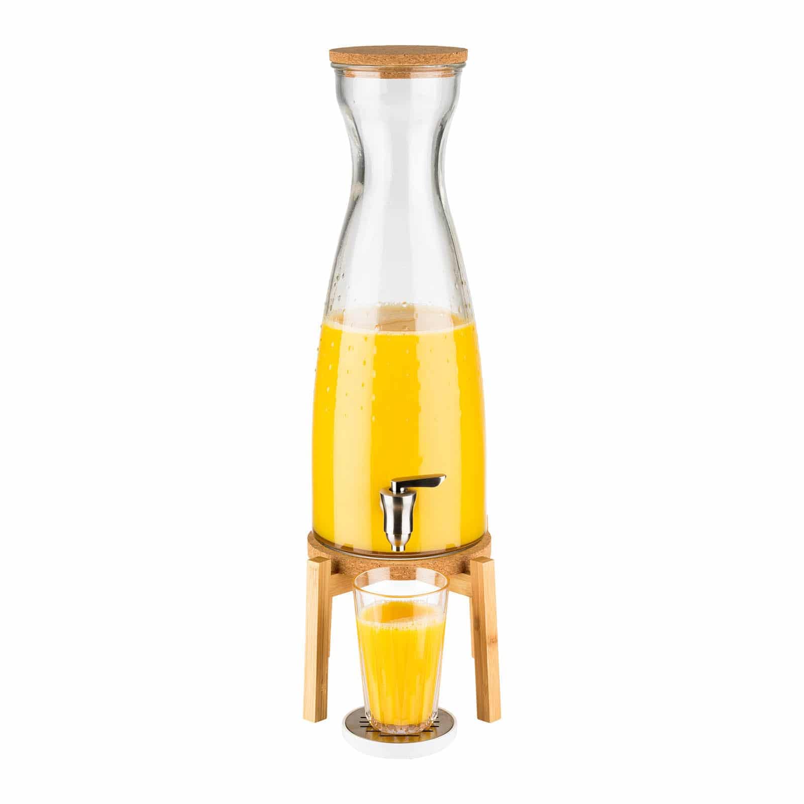 APS 10430 Getränkeständer „Fresh Wood“, Behälter mit Edelstahlzapfhahn und Korkdeckel, stabiles Glas, Holzstandfuß, 23 x 23 cm, 56,5 cm Höhe, Transparent, 4,5 Liter