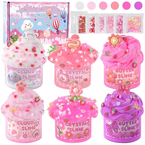 LAWOHO 6 Stück Farbverlauf Rosa Slime Set - Fluffy Cloud Wolkenschleim, Clear Slime & Butter Schleim, Mitgebsel Kindergeburtstag Schleim, Halloween Weihnachten Geschenk für Mädchen, Jungen(Picknick)