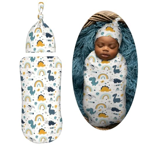 Image of Dinosaurs and Rainbows Newborn Swaddle Blankets Hat Sets Soft Baby Receiving Blanket Swaddle Sack for Baby Shower Infant Boy Girl Gift