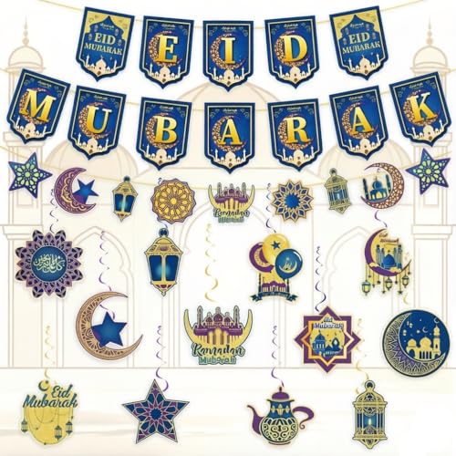 Mubarak Banner Sets Ramadan Decorations, 45 Pieces Eid Hanging Swirl Islamic Star Moon Lantern Garland Ceiling Foil Decor for Muslim Eid Al-Fitr Party Supplies