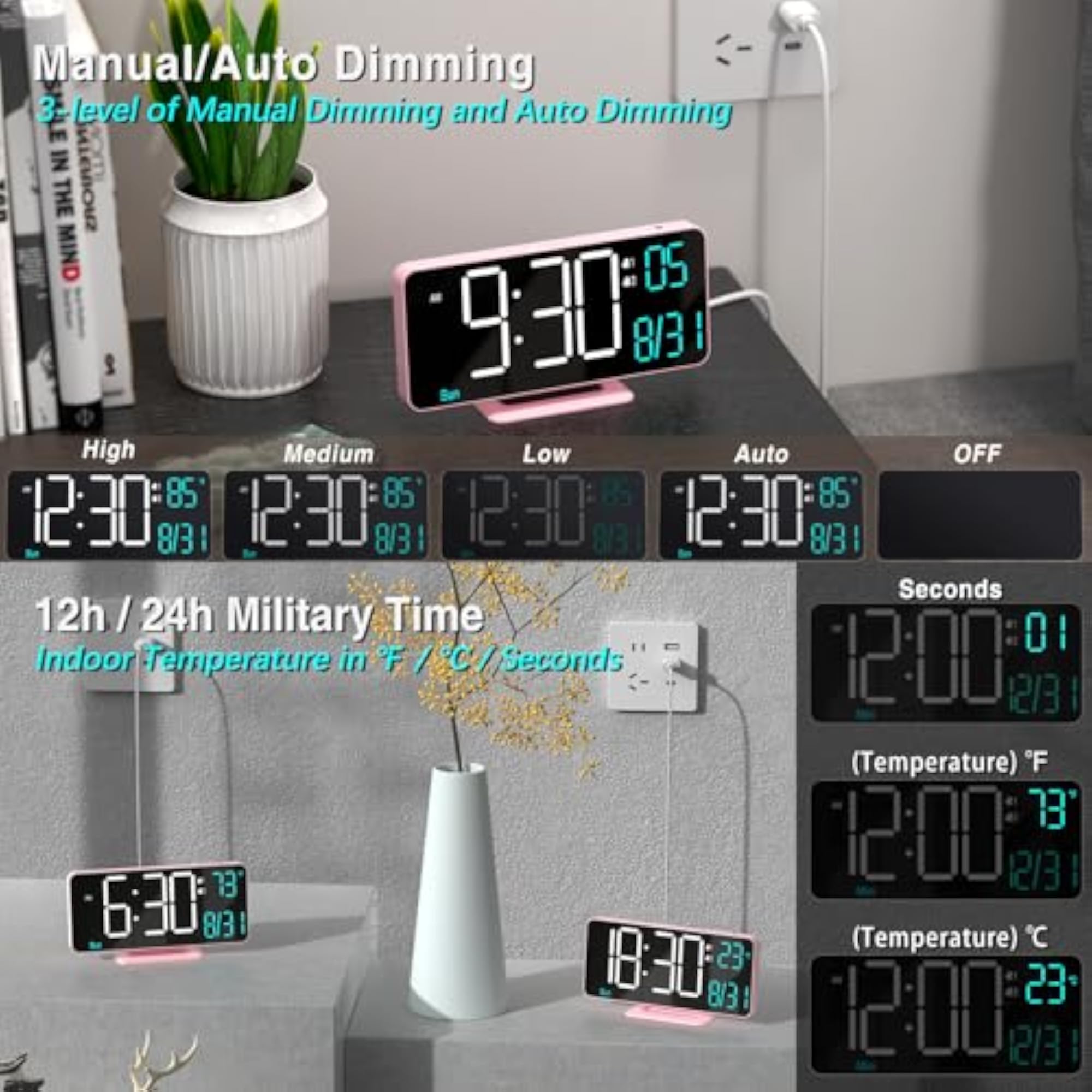 6.7 Inch Digital Alarm Clock with Auto Dimming