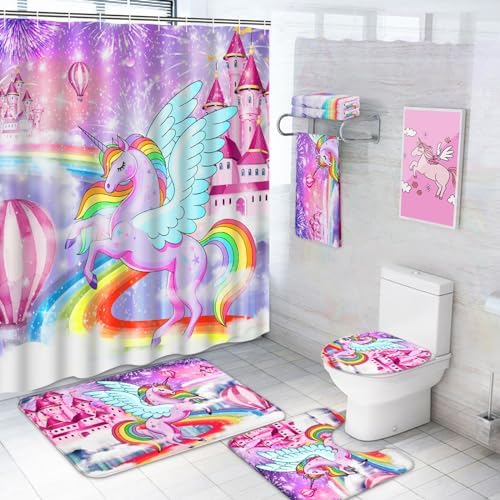 Alishomtll 4 Pcs Mermaid Rainbow Kids Shower Curtain Sets
