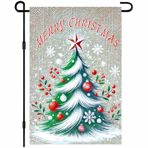 Image of BlissYard Christmas Garden Flag 12x18 Inch Tree Red Berries Yard Decor | Double sided polyester, tree red berries design, classic holiday home decor for Christmas porch and yard