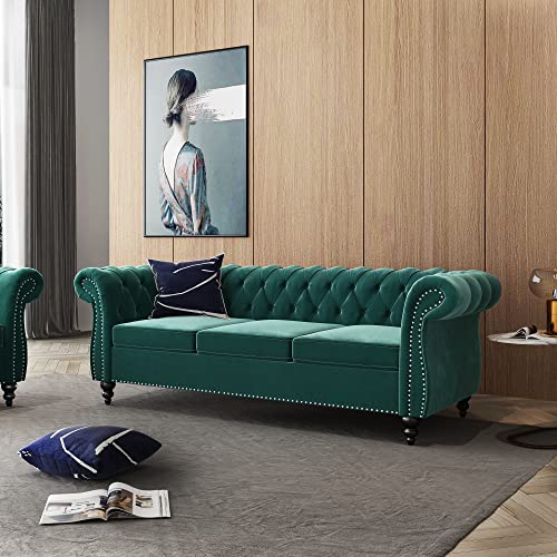 Image of 2 Piece Living Room Set, Velvet Chesterfield Sofa Loveseat Couch with Scroll Arms and Nailhead for Living Room, Office (Green)