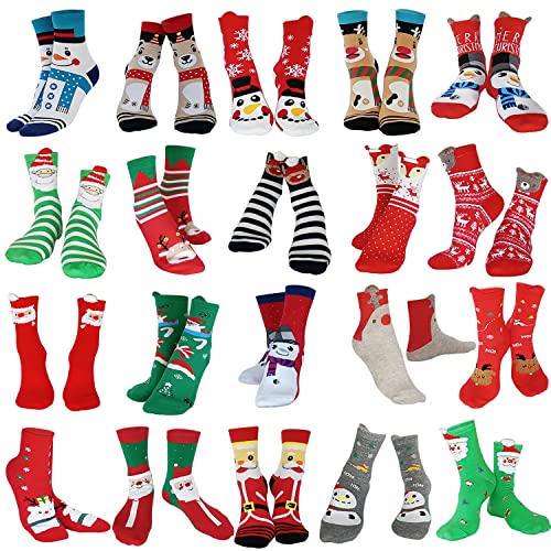 MarJunSep 20 Pairs Christmas Socks for Big Kids Women Holiday Xmas Socks Gifts Colorful Novelty Funny Christmas Cotton Knit Socks Children