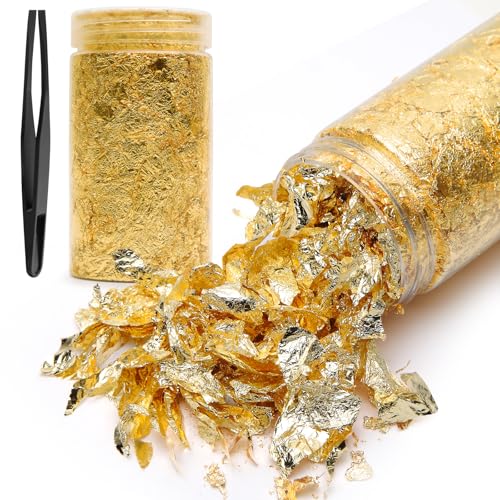 10g Gold Leaf Flakes with Tweezers Metallic Gold Foil Flakes for Resin Imitation Gold Leaf for Nail Art DIY Crafts Painting Jewelry Making Slime and Home Decor