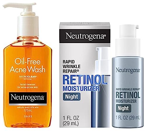 Image of Neutrogena Rapid Wrinkle Repair Night Moisturizer For Face With Retinol, 29ml & Neutrogena Oil Free Acne Wash For Acne Prone Skin With Salicylic Acid, 175ml